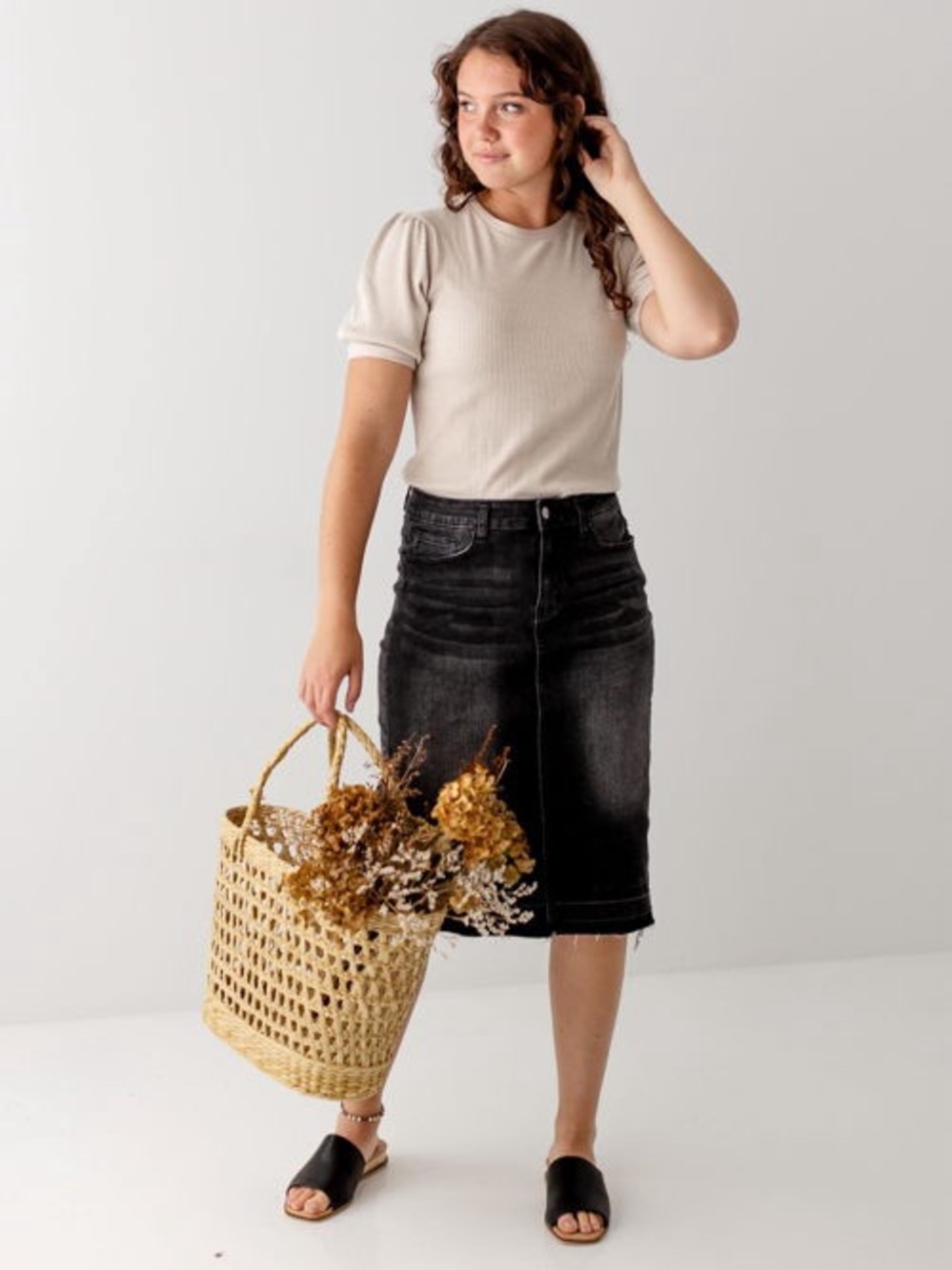 The Main Street Exchange Modest Midi Skirt Black Denim Raw Fringe Hem 10